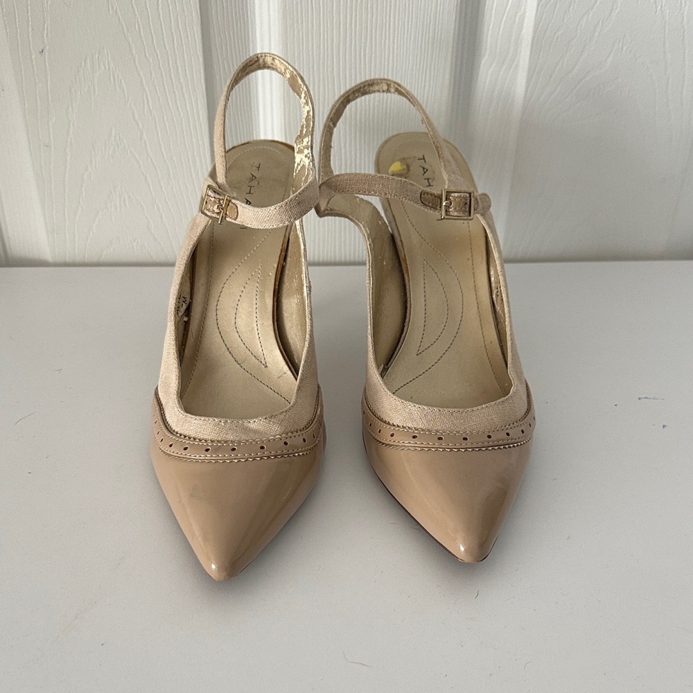 Tahari "Alycia" Nude Patent Leather Linen Beige